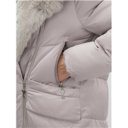 Двубортное пальто зимнее утепленное с мехом и капюшоном светло-коричневого цвета 7626SK