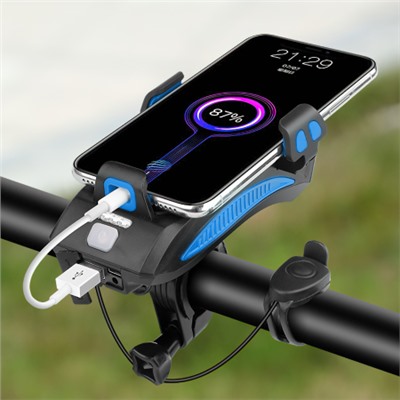 Фонарь передний COMIRON "HOLDER" ABS, IPX5; 3*T6 LED, 400lm; 4800mAh USB индикатор заряда POWER BANK сигнал 130Дб крепление смартфона синий /уп 20/80/