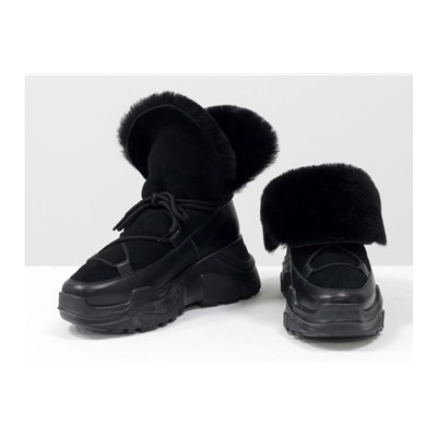 Яркие женские ботинки, в стиле Moon Boot, из натуральной кожи, замши и меха овечки черного цвета, на современной высокой платформе практичного черного цвета, Б-19126-01