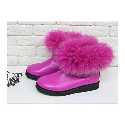 Женские ботиночки в стиле UGG из натуральной кожи цвета фуксия и натурального шикарного меха песца, Коллекция осень-зима , Б-17113
