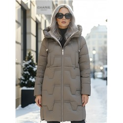 Пальто зимнее утепленное с капюшоном женское серого цвета 7638Sr