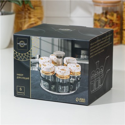 Набор баночек для специй Magistro «Белый мрамор», на подставке, 6 шт., стекло, белый