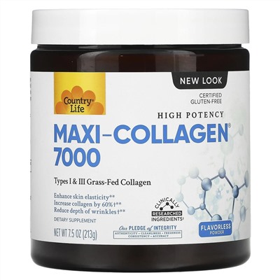 Country Life, High Potency Maxi-Collagen® 7000, высокоэффективный коллаген в форме порошка, без вкусовых добавок, 213 г (7,5 унции)