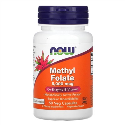 NOW Foods, метилфолат, 5000 мкг, 50 растительных капсул
