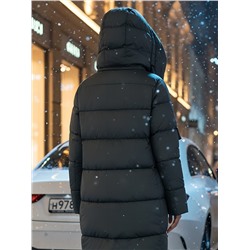 Пальто зимнее утепленное с капюшоном женское темно-серого цвета 7700TC