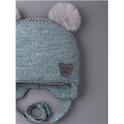 Шапка вязаная детская с двумя помпонами на завязках, нашивка MY LITTLE BEAR, оливковый