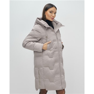 Пальто зимнее утепленное с капюшоном женское светло-коричневого цвета 7638SK