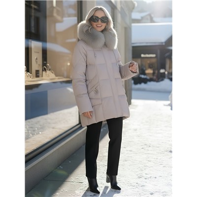 Куртка зимняя женская с мехом и капюшоном тренд светло-коричневого цвета 7660SK
