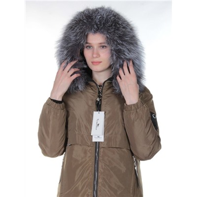 V-1032 KHAKI Пальто женское с натуральным мехом Vomilov