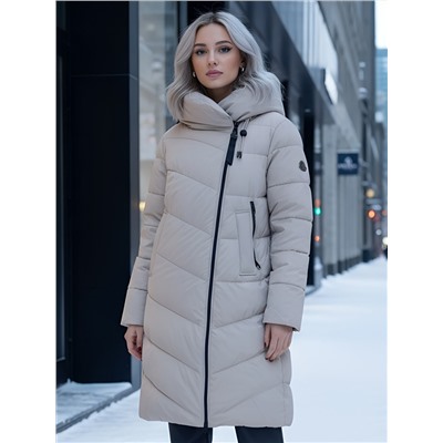 Пальто зимнее утепленное с капюшоном женское бежевого цвета 1318B