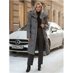 Пальто зимнее утепленное с капюшоном женское темно-серого цвета 7748TC