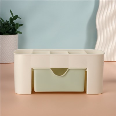 Органайзер для хранения косметики, 6 секций, с ящиком, 21×10.5×9 см, бежевый/зелёный