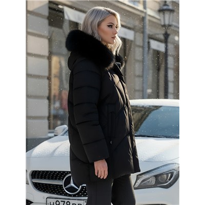 Куртка зимняя женская с мехом и капюшоном тренд черного цвета 7656Ch