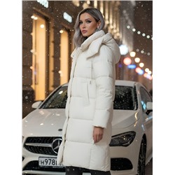 Пальто зимнее утепленное с капюшоном женское бежевого цвета 7700B