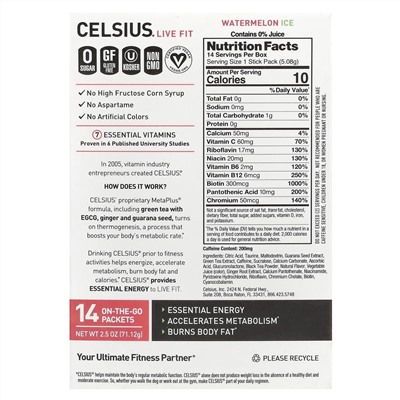 Celsius, Live Fit, арбузный лед, 14 упаковок, готовых к употреблению, по 5,08 г (0,18 унции)