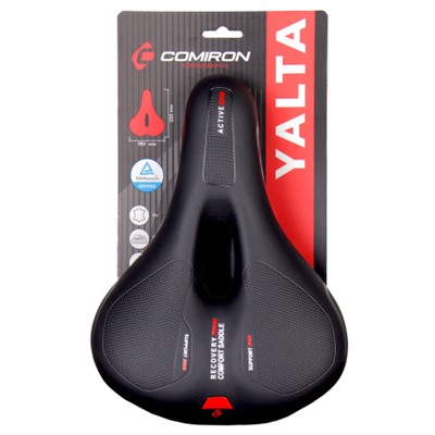 Седло велосипедное комфортное COMIRON YALTA C036 255x190, Технологии: ED, Эластомер, Верх: PU с пресс. принтом, Цвет: Чёрный+Красный/ АКЦИЯ /уп 20/