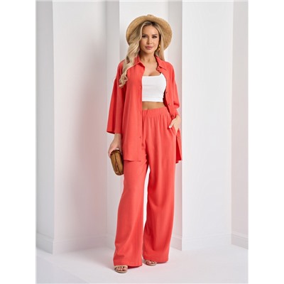 Брюки льняные кораллового цвета с карманами