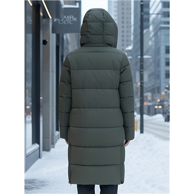 Пальто зимнее утепленное с капюшоном женское цвета хаки 1318Kh