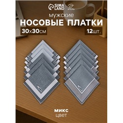 Платки носовые мужские «Этель. Анджело», 30×30 см, набор 12 шт., хлопок 100%, рисунок МИКС, серые