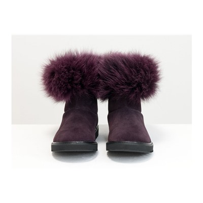 Женские ботиночки в стиле UGG из натуральной замши бордово-фиолетового цвета и натурального шикарного меха песца фиолетового цвета, Зимняя коллекция от Джино Фиджини, Б-17113-13