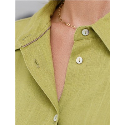 Свободная удлиненная блузка с карманом изо льна с вискозой