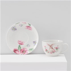 Сервиз чайный Доляна «Зайка», 12 предметов: 6 чашек 250 мл, 6 блюдец d=15 см, фарфор, белый