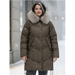 Пальто зимнее утепленное с мехом и капюшоном тренд темно-коричневого цвета 7745TK