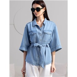 Удлиненная блузка с поясом и карманами из джинсового лиоцелла
