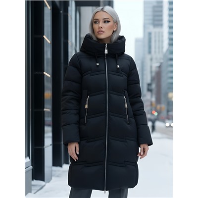 Пальто зимнее утепленное с капюшоном женское черного цвета 7779Ch