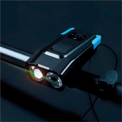 Фонарь передний  интеллектуальный COMIRON "SMART2" ABS; свет: 2xT6, 800lm; 2000 mAh, USB; ближний/дальний свет, сигнал 120Дб., 5 режим синий /уп 40/