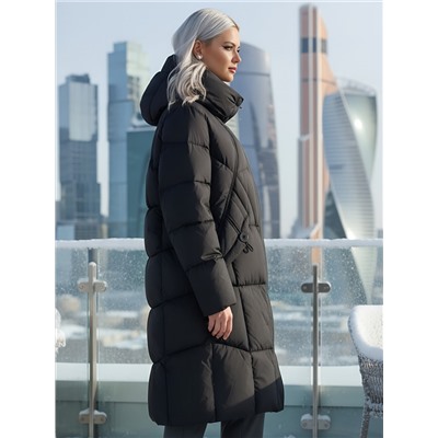 Пальто зимнее утепленное с капюшоном женское черного цвета 7709Ch