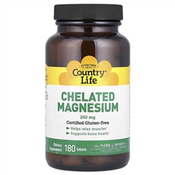 Country Life, магний в хелатной форме, 250 мг, 180 таблеток