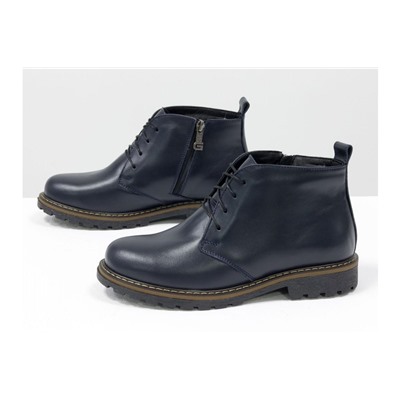 Женские ботинки на шнуровке в стиле Dr. Martens, выполнены из натуральной кожи синего цвета, на утолщенной тракторной подошве, Б-152-27