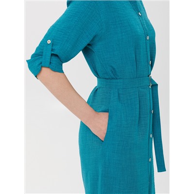 Платье А-образного силуэта сине-зелёного цвета с поясом