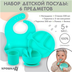 Детская посуда в наборе из силикона Крошка Я: нагрудник, тарелка 2шт, стакан, приборы, бирюзовый