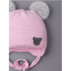 Шапка вязаная детская с двумя помпонами на завязках, нашивка MY LITTLE BEAR, розовый