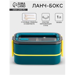 Ланч бокс TAKE IT EASY «В школу», 1 л, 11.5×21 см, с приборами, 2 уровня, нержавеющая сталь, синий