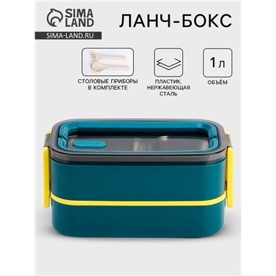 Ланч бокс TAKE IT EASY «В школу», 1 л, 11.5×21 см, с приборами, 2 уровня, нержавеющая сталь, синий