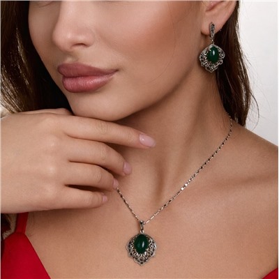 Комплект ювелирной бижутерии коллекция "Дубай" серьги и кулон, покрытие посеребрение, вставка: пластик и марказиты, цвет: зеленый и графитовый, арт.414.647