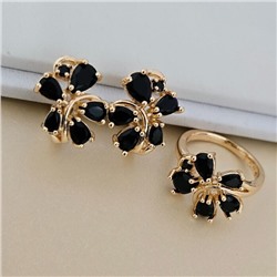 Комплект ювелирной бижутерии коллекция "Дубай" серьги и кольцо 20 р, покрытие позолота, вставка: фианиты, цвет: черный, арт.414.593-20