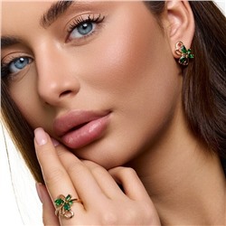 Комплект ювелирной бижутерии коллекция "Дубай" в форме цветов серьги и кольцо 20 р, покрытие позолота, вставка: фианиты, цвет: зеленый, арт.414.629-20