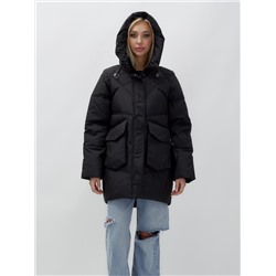 Куртка летучая мышь женская с капюшоном зимняя черного цвета 9617Ch