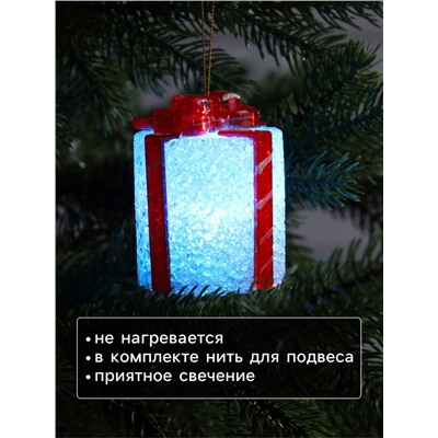 Елочная игрушка светодиодная «Подарок» 7.5 см, пластик, батарейки AG13х3 (в комплекте), свечение мульти (RGB)