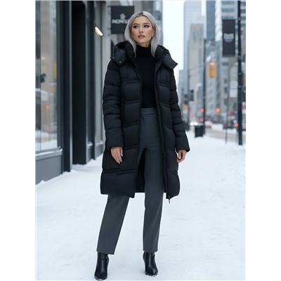 Пальто зимнее утепленное с капюшоном женское черного цвета 7779Ch