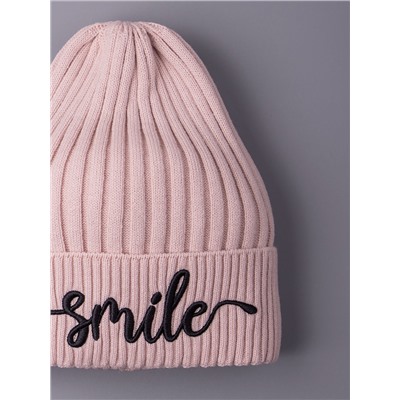 Шапка вязаная детская с отворотом, вязка лапша, SMILE, пудровый