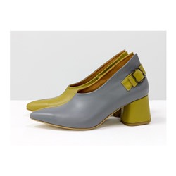Дизайнерские туфли перчатки (glove shoes) с ремешком, на невысоком обтяжном каблуке, выполнены из натуральной итальянской кожи горчичного и серого цвета, Новая Коллекция от Gino Figini, Т-2056-04