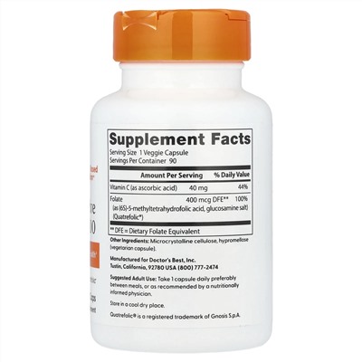 Doctor's Best, полностью активный фолат 400 с Quatrefolic, 400 мкг, 90 вегетарианских капсул