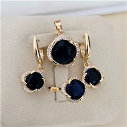 Комплект ювелирной бижутерии коллекция "Дубай" серьги, кулон и кольцо 18 р, покрытие позолота, вставка: стекло и цирконы, цвет: синий и прозрачный, арт.414.558-18