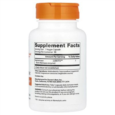 Doctor's Best, наттокиназа, 2000 FU, 90 вегетарианских капсул
