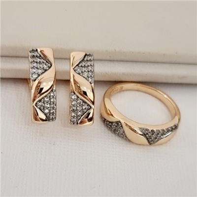 Комплект ювелирной бижутерии коллекция "Дубай" серьги и кольцо 17 р, покрытие позолота, вставка: цирконы, цвет: прозрачный, арт.414.657-17